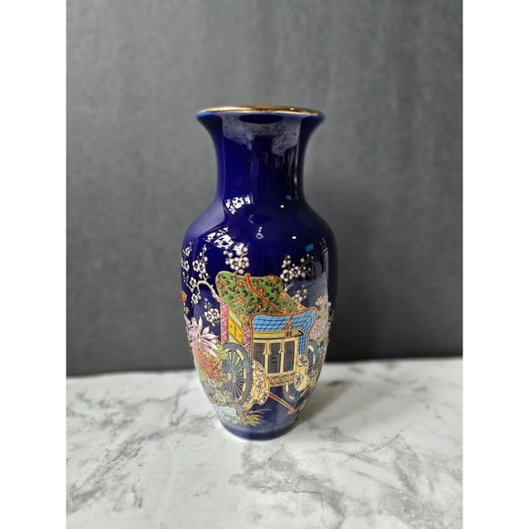 Vintage Kutani-Ware 6" Cobalt Blue Porcelain Bud Vase Made In Japan Floral Cart - Picture 1 of 13